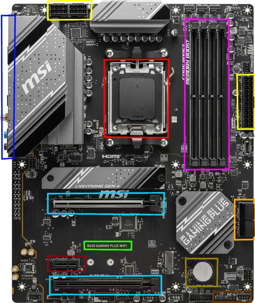 b650gamingpluswifi image of a motherboard with color coded connection