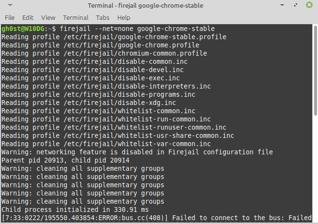 Google Chrome launched using firejail