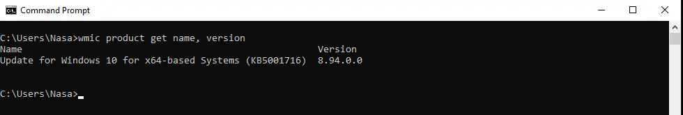 screenshot of the cmd command wmic product get name, version