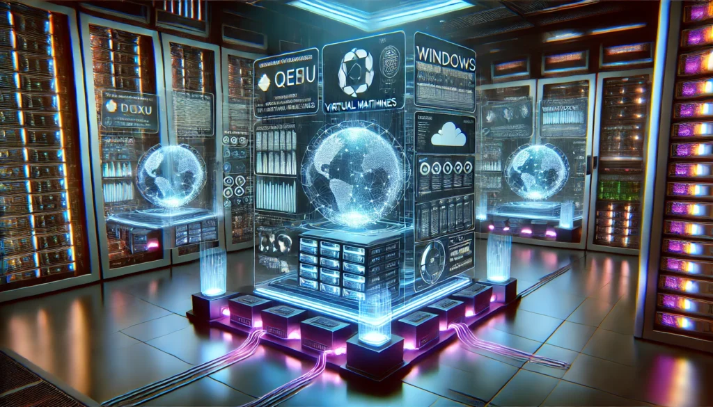 A futuristic data center filled with sleek, glowing servers and advanced virtualization technology. Floating holographic screens display a detailed virtual machine dashboard interface, showcasing multiple operating systems (Linux, Windows, macOS) running simultaneously.