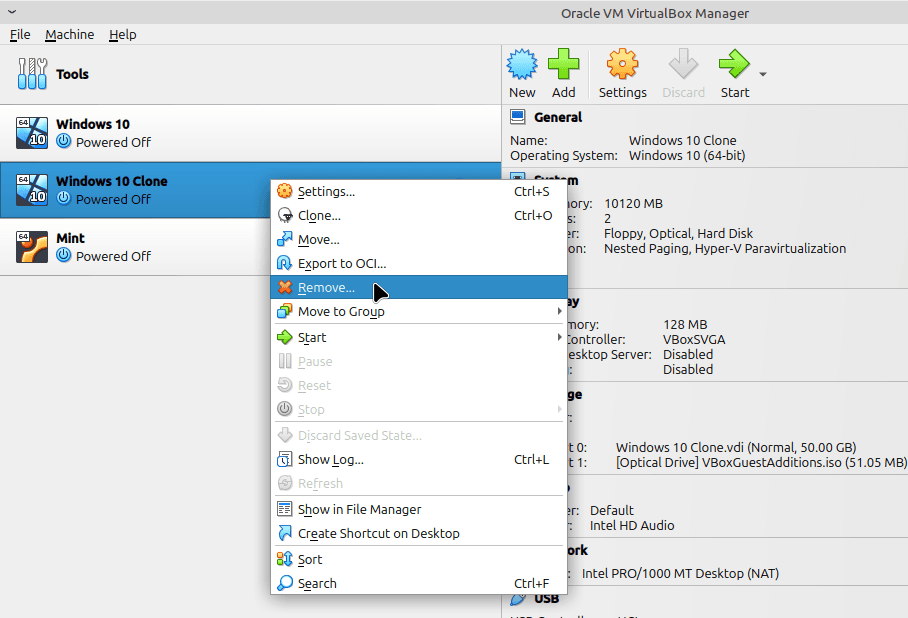 An image showing how to remove a virtual machine from virtualbox