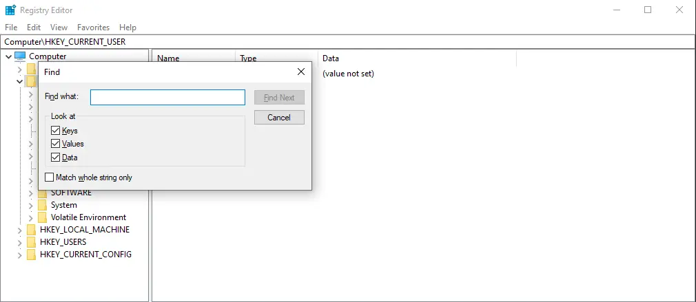 Search the registry using CTRL + F