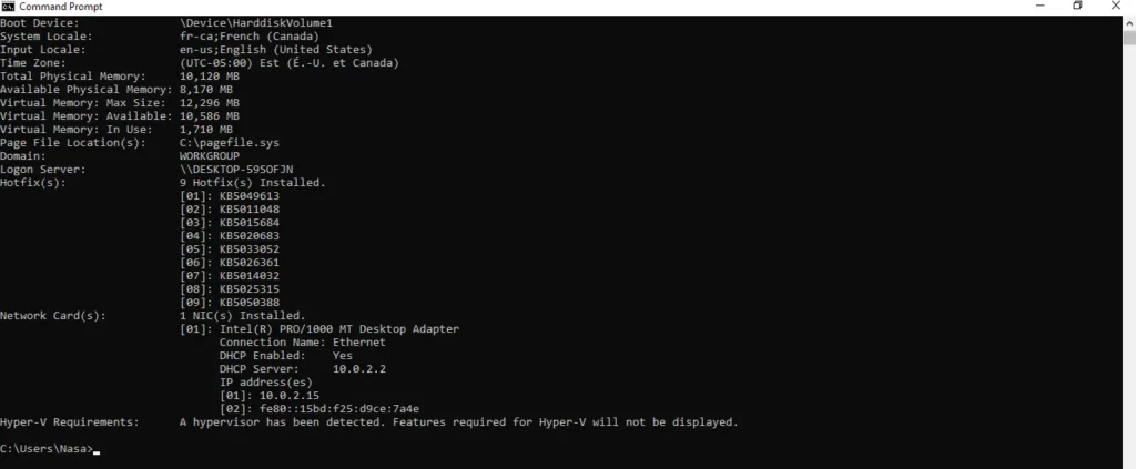 screenshot of the cmd command systeminfo