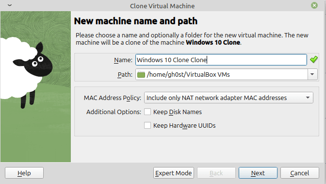 Image of virtual box clone options