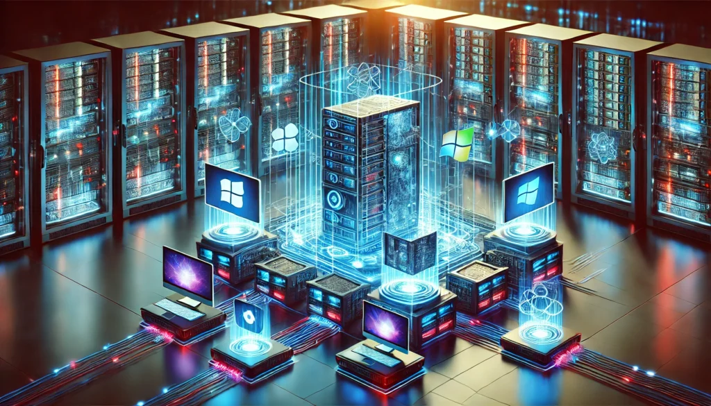 Showcases a futuristic server setup with floating holographic screens, multiple OS environments, and a high-tech datacenter with glowing neon connections, representing QEMU and KVM virtualization.